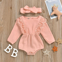 Baby Girls Long Sleeve Lace Solid Romper & Headband Baby Wholesale - PrettyKid