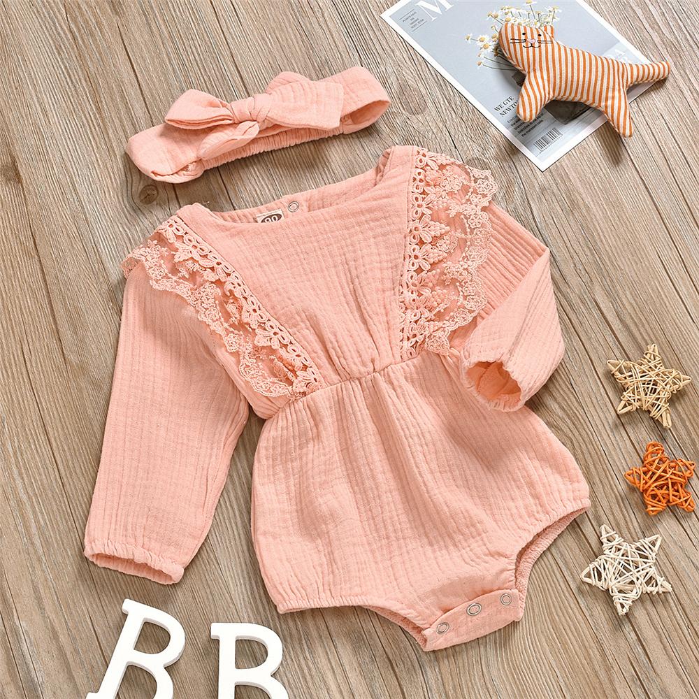 Baby Girls Long Sleeve Lace Solid Romper & Headband Baby Wholesale - PrettyKid