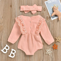 Baby Girls Long Sleeve Lace Solid Romper & Headband Baby Wholesale - PrettyKid