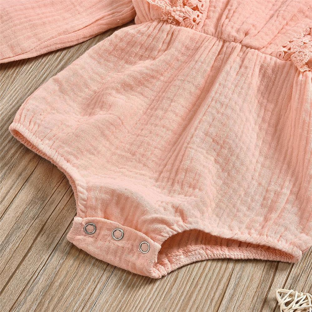 Baby Girls Long Sleeve Lace Solid Romper & Headband Baby Wholesale - PrettyKid