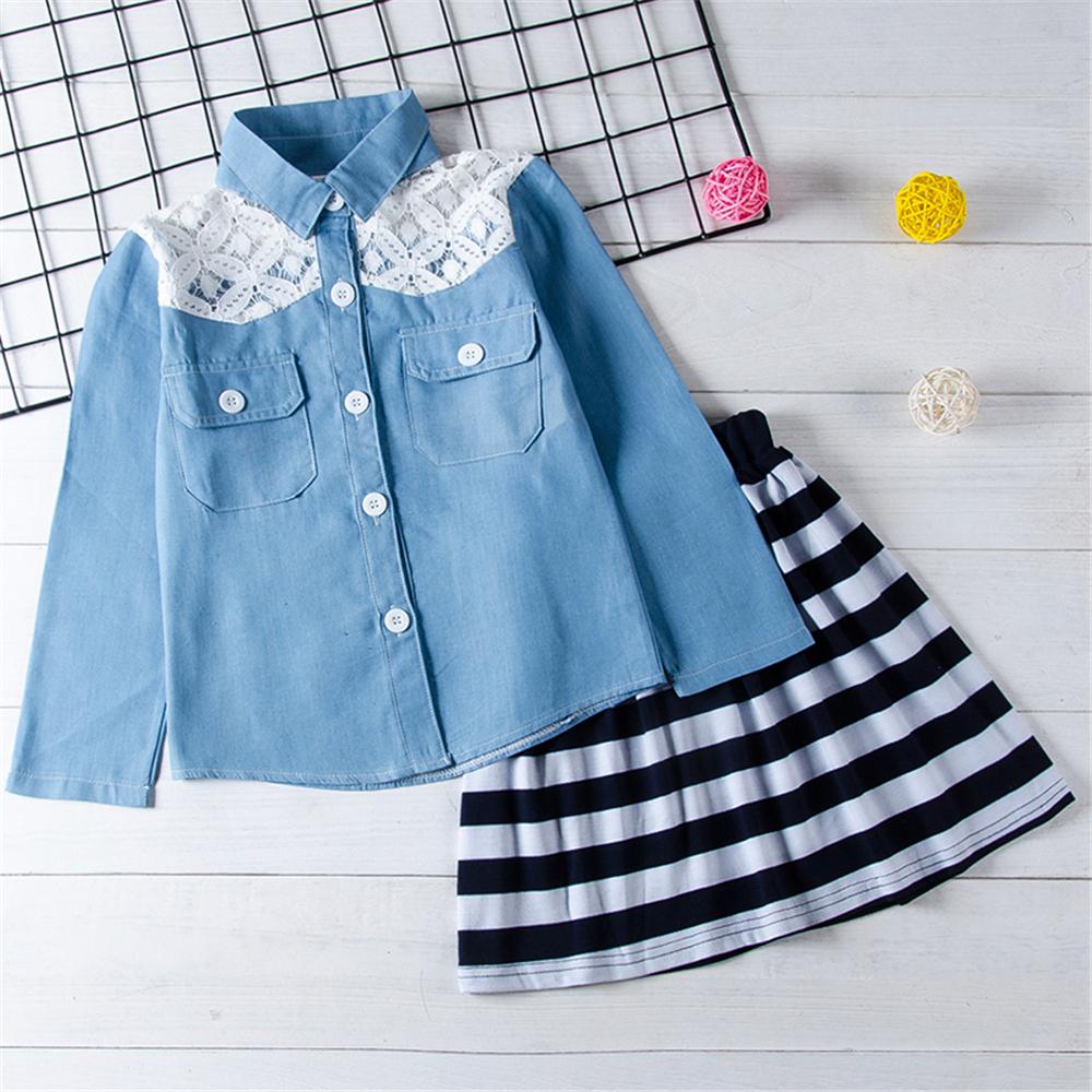 Toddler Girls Long Sleeve Lapel Lace Button Blouse & Skirt Wholesale Girl - PrettyKid