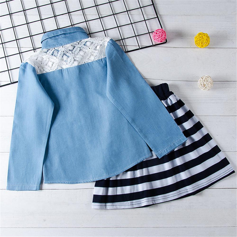 Toddler Girls Long Sleeve Lapel Lace Button Blouse & Skirt Wholesale Girl - PrettyKid