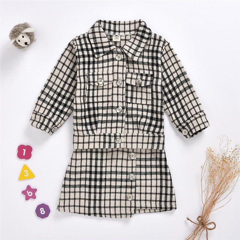 Toddler Girls Long Sleeve Lapel Plaid Button Coat & Skirt Girl Wholesale - PrettyKid