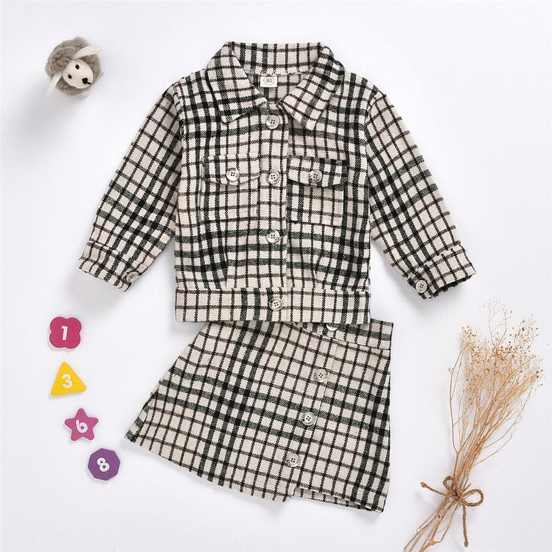 Toddler Girls Long Sleeve Lapel Plaid Button Coat & Skirt Girl Wholesale - PrettyKid