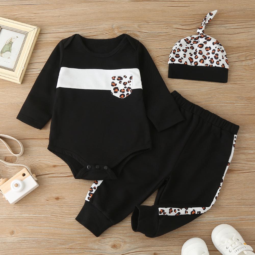 Baby Unisex Long Sleeve Leopard Printed Pocket Romper & Pants & Hat Baby Clothing Wholesale - PrettyKid