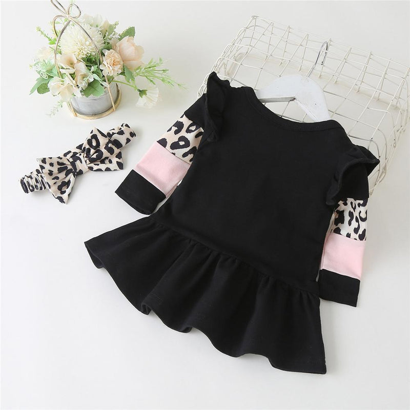 Baby Girls Long Sleeve Leopard Splicing Princess Dress Baby Wholesale - PrettyKid
