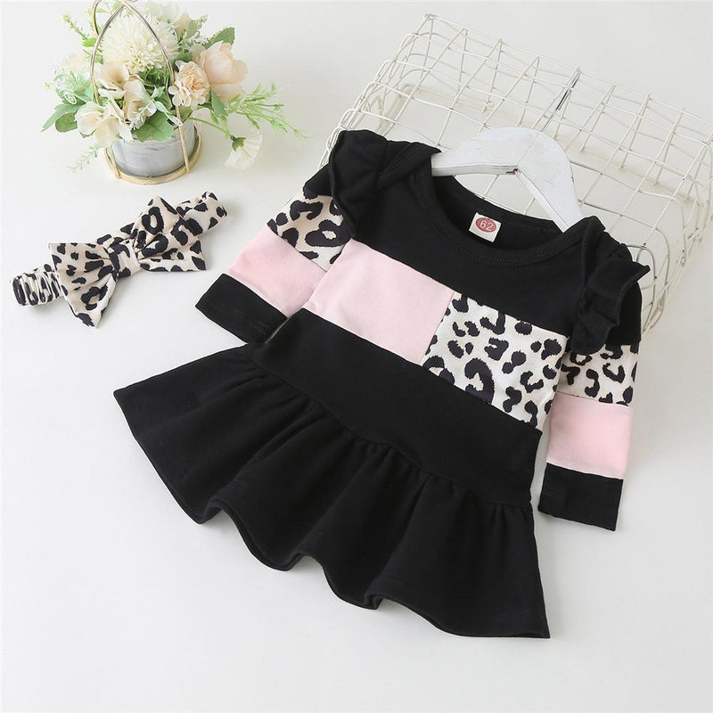 Baby Girls Long Sleeve Leopard Splicing Princess Dress Baby Wholesale - PrettyKid