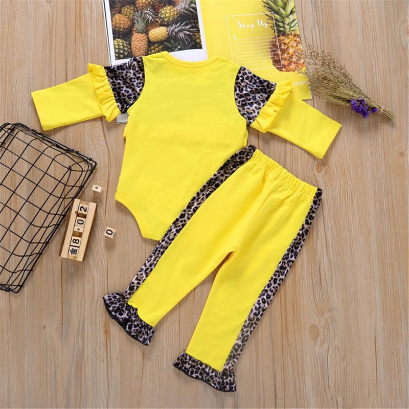 Baby Girls Long Sleeve Leopard Splicing Romper & Pants Baby Outfits - PrettyKid