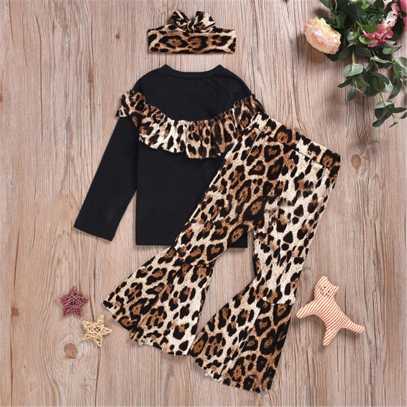 Girls Long Sleeve Leopard Top & Flare Trousers & Headband - PrettyKid