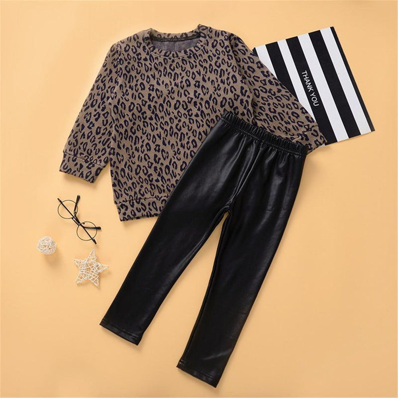Toddler Girls Long Sleeve Leopard Top & PU Trousers Girl Wholesale - PrettyKid