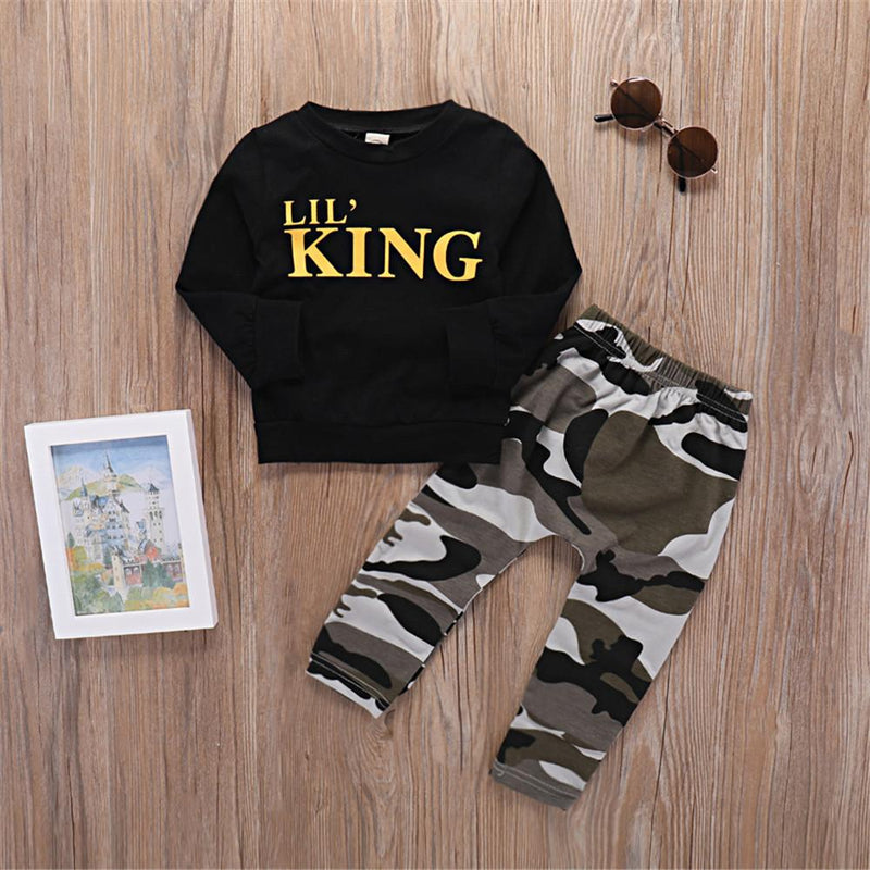 Boys Long Sleeve Letter Black Jumper & Camo Pants - PrettyKid