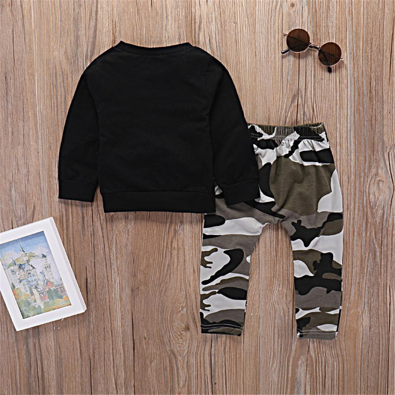 Boys Long Sleeve Letter Black Jumper & Camo Pants - PrettyKid