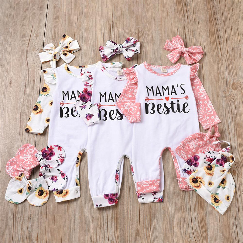Baby Girls Long Sleeve Letter Floral Printed Romper & Hat & Headband & Gloves Wholesale Designer Baby Clothes - PrettyKid