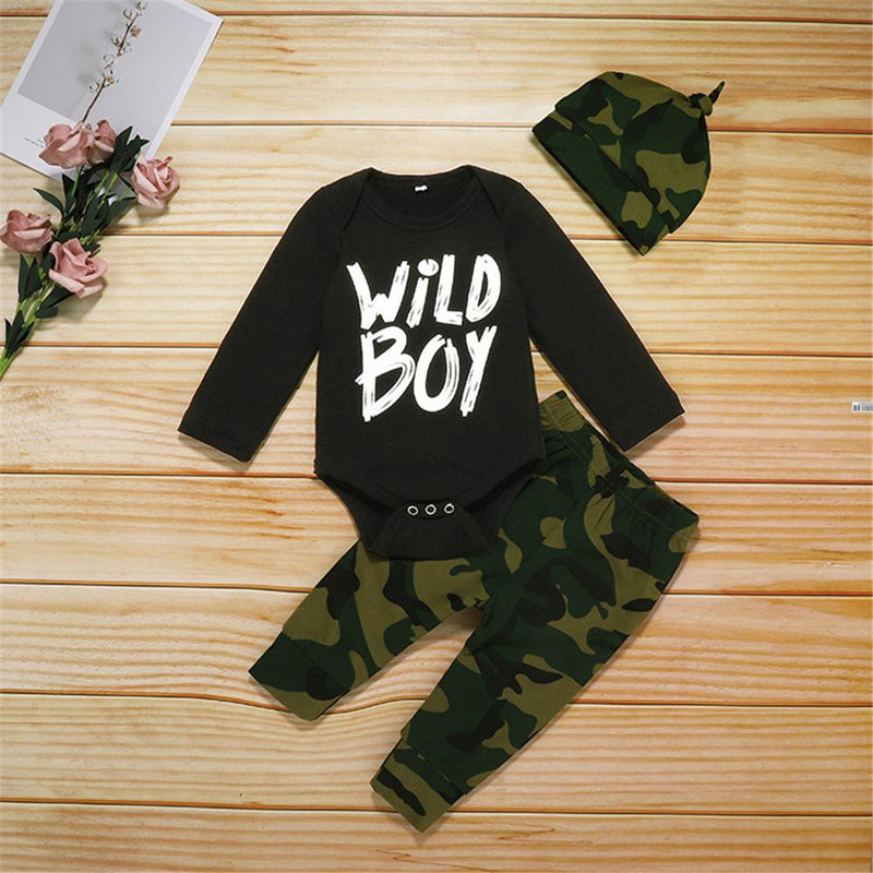 Baby Boy Long Sleeve Letter Print Romper & Camo Pants & Hat Wholesale Baby - PrettyKid