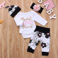 Daddys Litte Princess Baby Girls Long Sleeve Letter Printed Romper & Floral Pants & Hat & Headband cheap baby clothes - PrettyKid