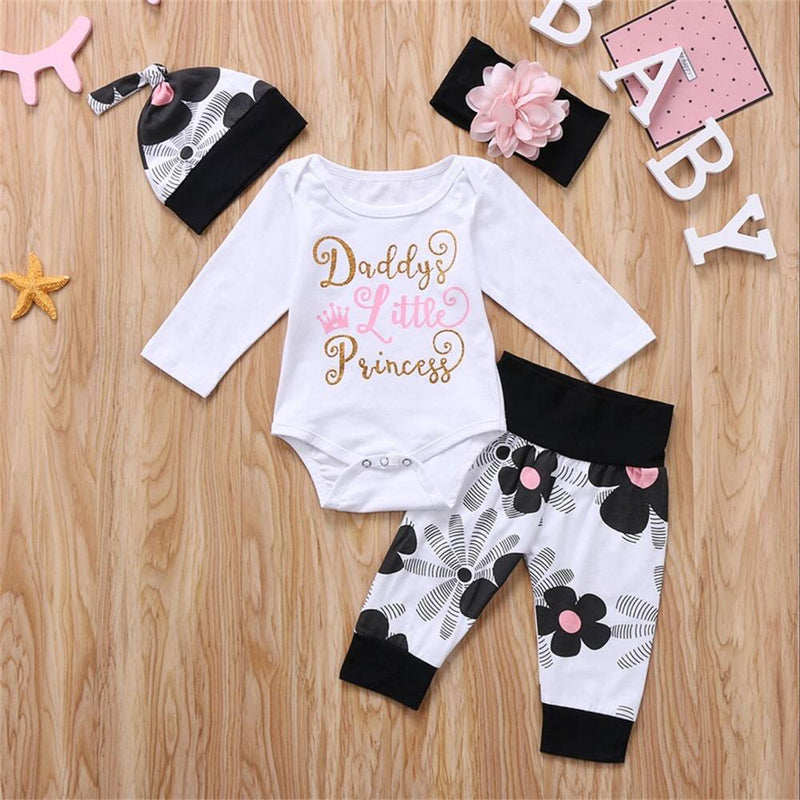 Daddys Litte Princess Baby Girls Long Sleeve Letter Printed Romper & Floral Pants & Hat & Headband cheap baby clothes - PrettyKid