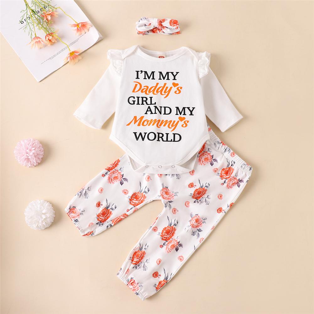 Baby Girls Long Sleeve Letter Printed Romper & Floral Pants & Headband Bulk Baby Clothes Online - PrettyKid