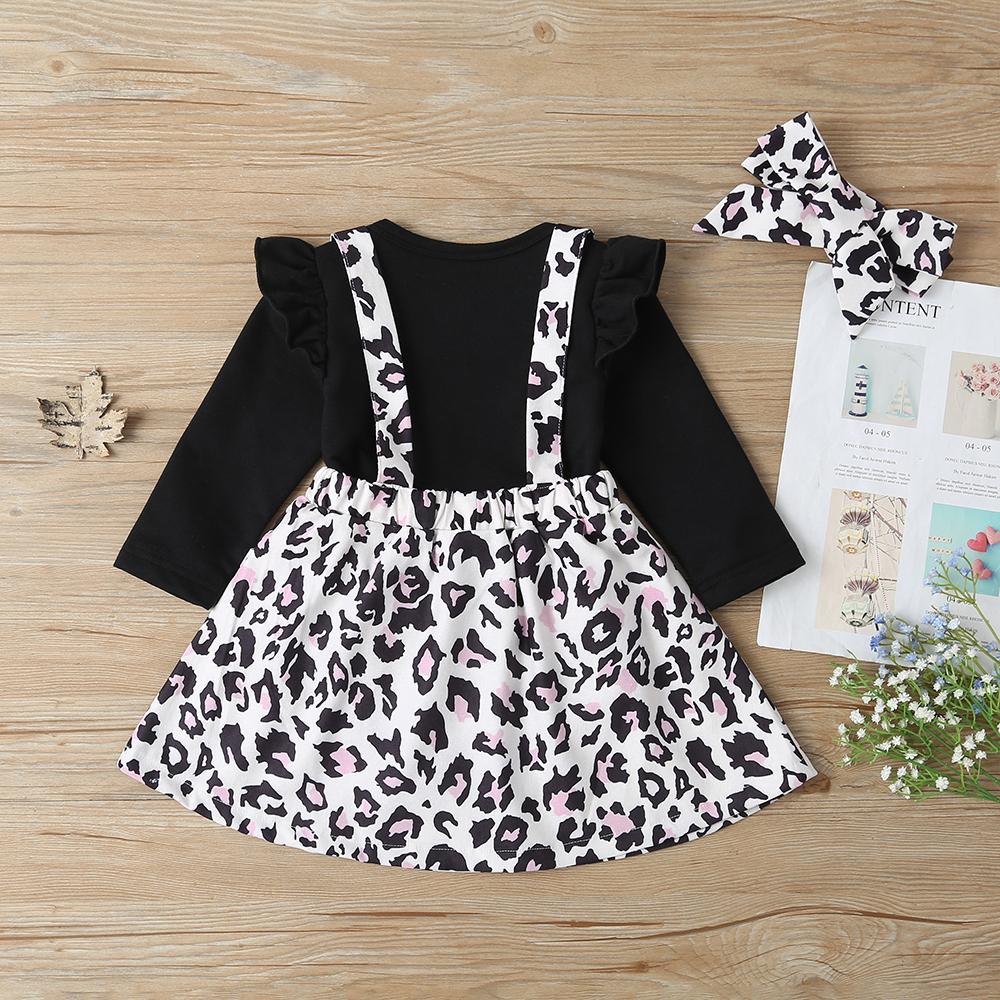 Baby Girls Long Sleeve Letter Printed Romper & Leopard Suspender Skirt & Headband Baby Rompers Wholesale - PrettyKid