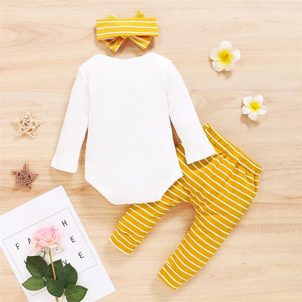 Baby Girls Long Sleeve Letter Printed Romper & Striped Pants & Headband Baby Clothes Wholesale Bulk - PrettyKid