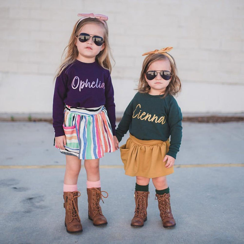 Girls Long Sleeve Letter Printed T-shirt & Striped Skirt Girl Boutique Clothing Wholesale - PrettyKid