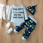 Baby Boys Long Sleeve Letter Romper & Dinosaur Pants & Hat Baby Outfits - PrettyKid
