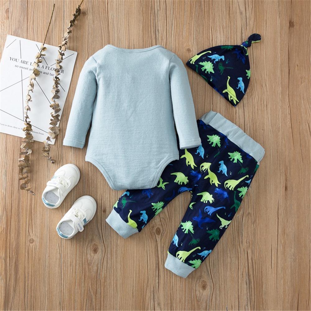 Baby Boys Long Sleeve Letter Romper & Dinosaur Pants & Hat Baby Outfits - PrettyKid