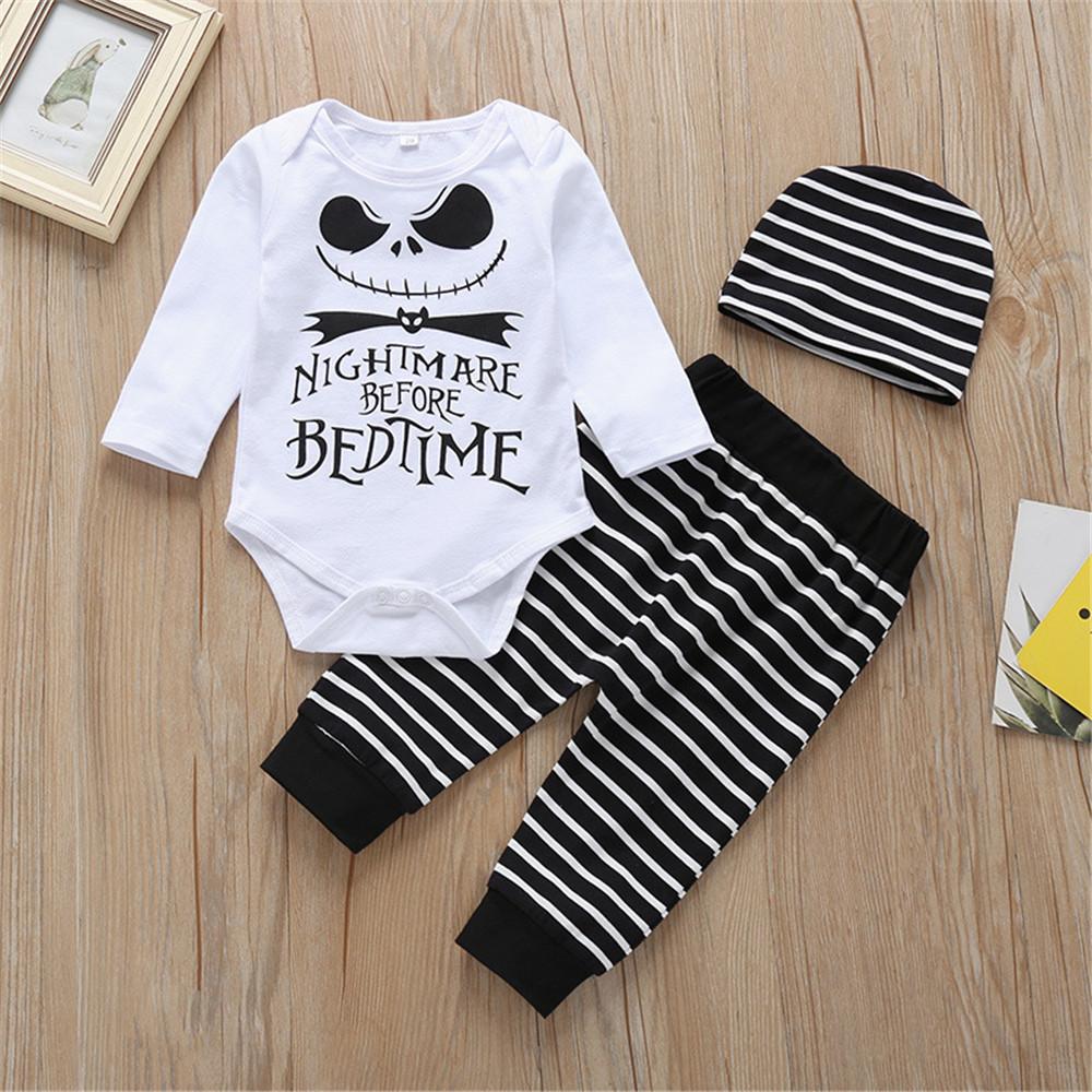Baby Long Sleeve Letter Striped Printed Romper & Pants & Hat - PrettyKid