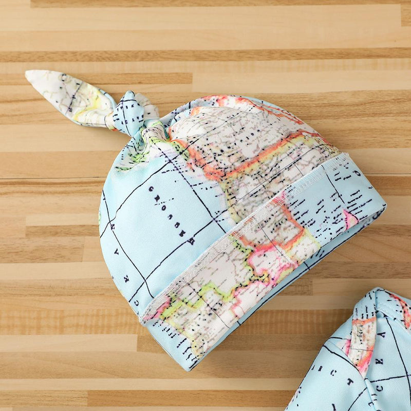 Baby Long Sleeve Map Pattern Romper & Hat & Headband Wholesale Clothing Baby - PrettyKid