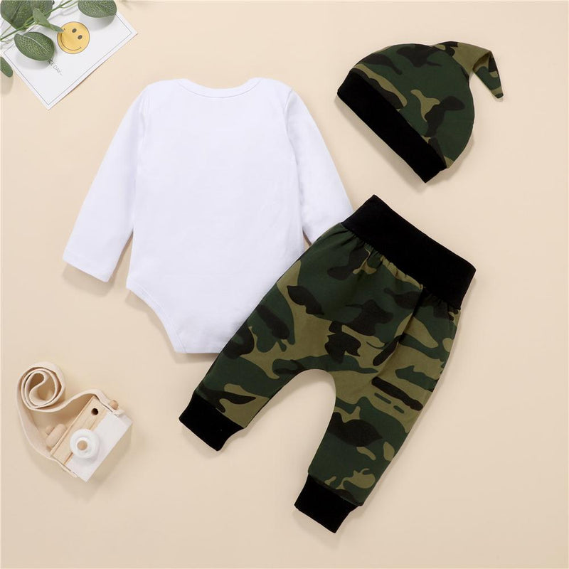 Baby Long Sleeve Mom's Little Man Romper & Camo Pants & Hat Buy Baby Clothes Wholesale - PrettyKid