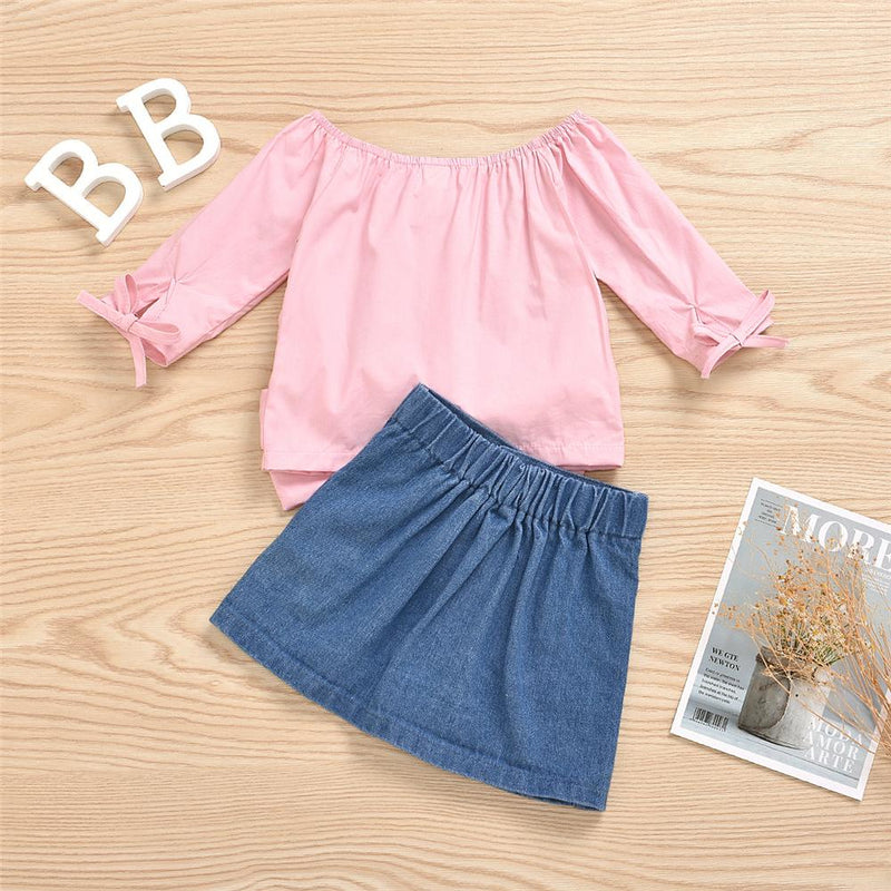 Girls Long Sleeve Off Shoulder Top & Ripped Denim Skirt Girl Wholesale - PrettyKid