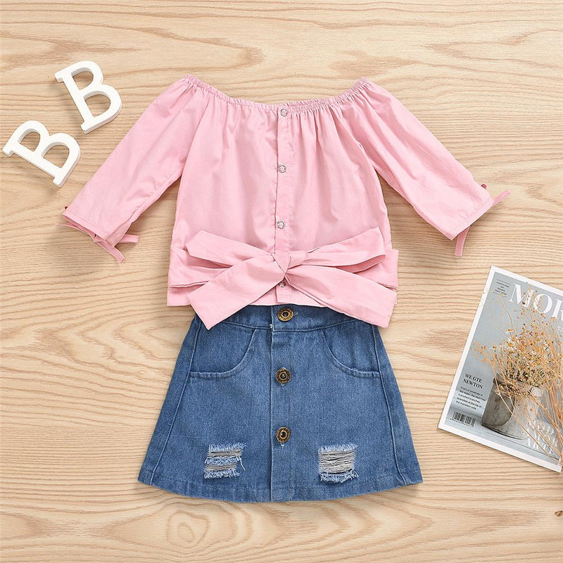 Girls Long Sleeve Off Shoulder Top & Ripped Denim Skirt Girl Wholesale - PrettyKid