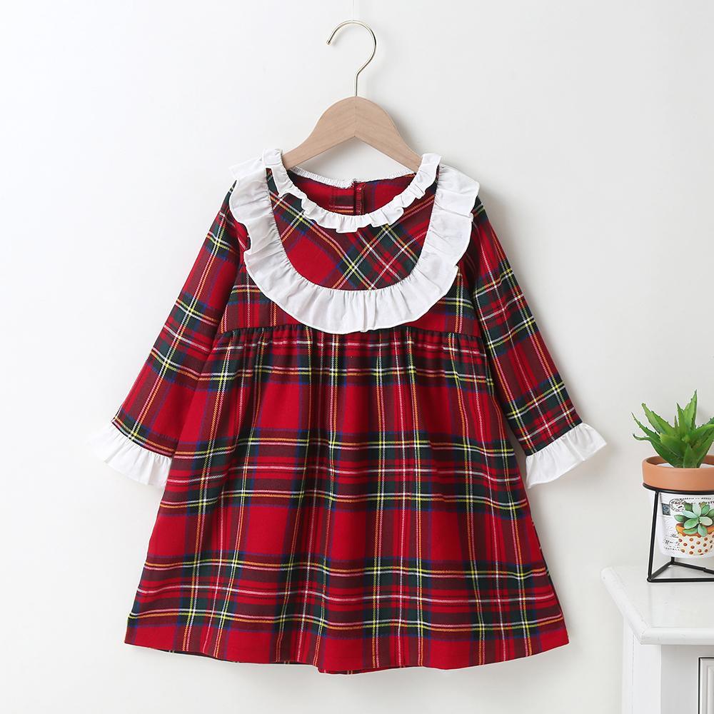 Girls Long Sleeve Plaid A-line Dress Girls Wholesale Dresses - PrettyKid