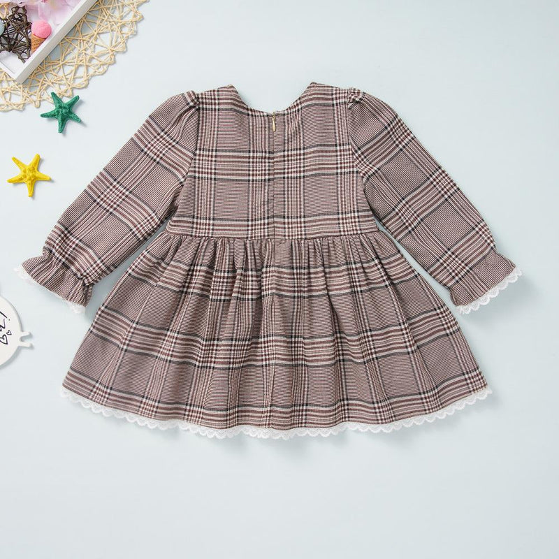 Girls Long Sleeve Plaid Lace Dress Little Girl Party Dresses Wholesale - PrettyKid