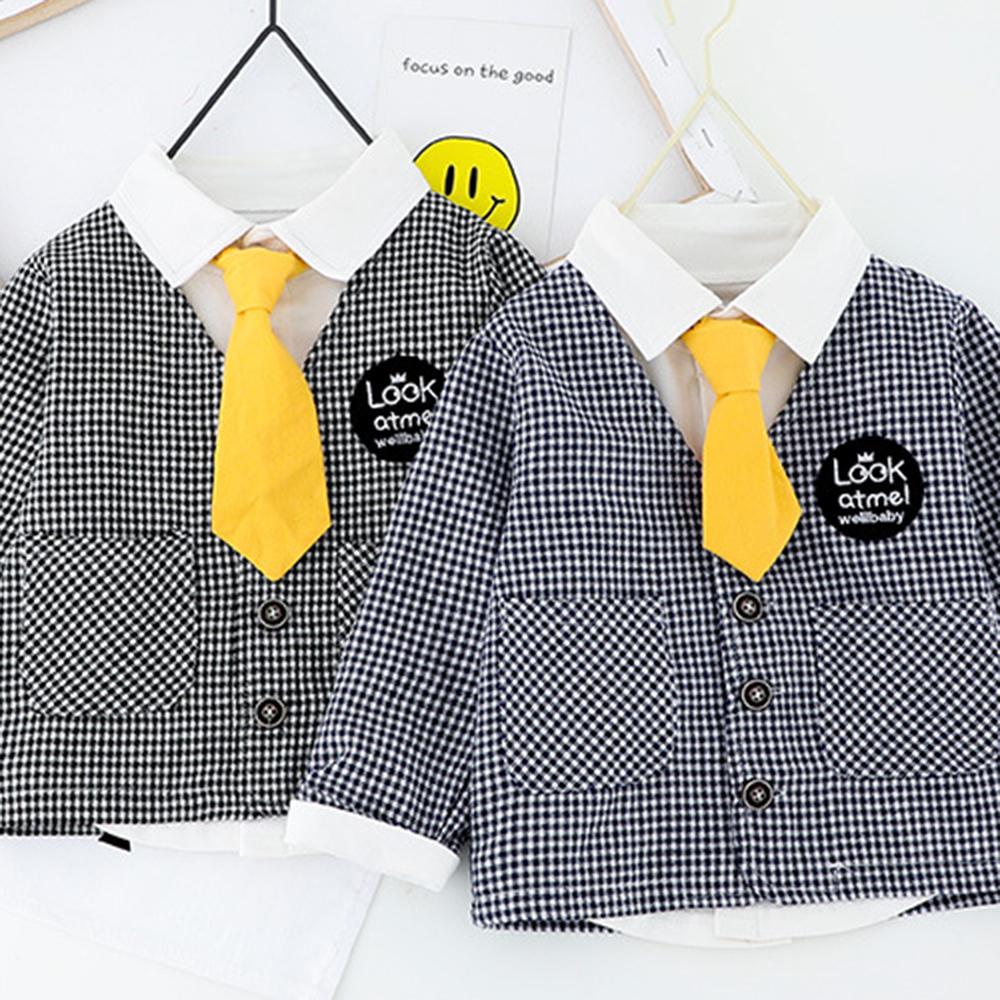 Boys Long Sleeve Plaid Letter Printed Shirt & Coat & Pants - PrettyKid