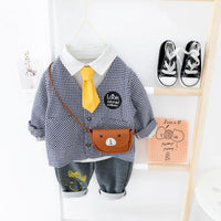 Boys Long Sleeve Plaid Letter Printed Shirt & Coat & Pants - PrettyKid