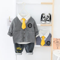 Boys Long Sleeve Plaid Letter Printed Shirt & Coat & Pants - PrettyKid