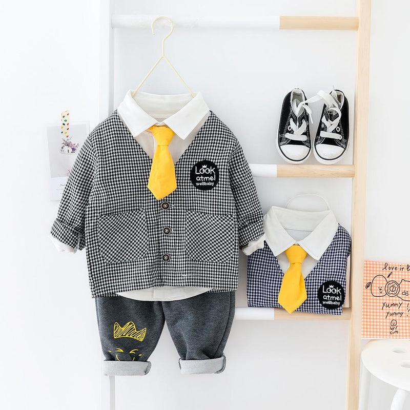 Boys Long Sleeve Plaid Letter Printed Shirt & Coat & Pants - PrettyKid