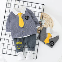 Boys Long Sleeve Plaid Letter Printed Shirt & Coat & Pants - PrettyKid