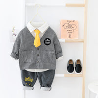 Boys Long Sleeve Plaid Letter Printed Shirt & Coat & Pants - PrettyKid