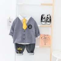 Boys Long Sleeve Plaid Letter Printed Shirt & Coat & Pants - PrettyKid