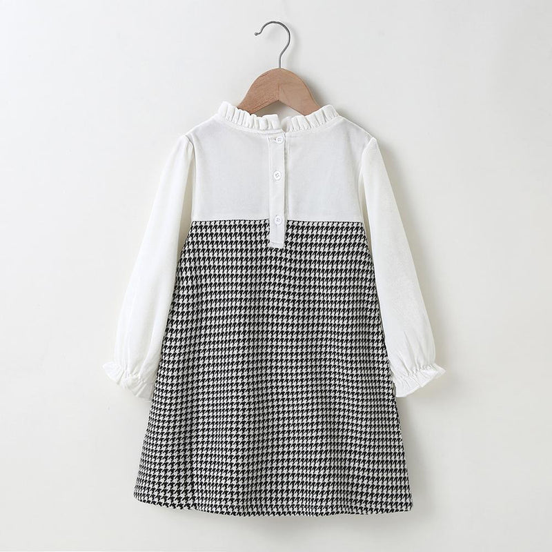 Girls Long Sleeve Plaid Splicing Dress Trendy Kids Wholesale clothes - PrettyKid