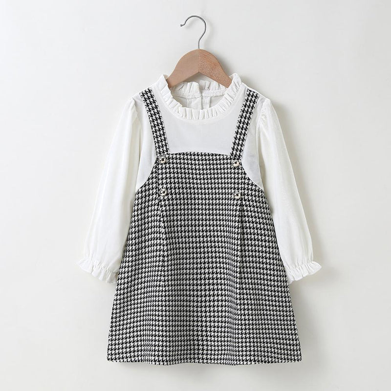 Girls Long Sleeve Plaid Splicing Dress Trendy Kids Wholesale clothes - PrettyKid