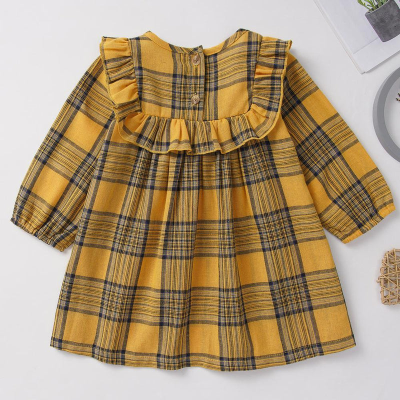 Baby Girls Long Sleeve Plaid Yellow Dress Wholesale Baby Clothes - PrettyKid