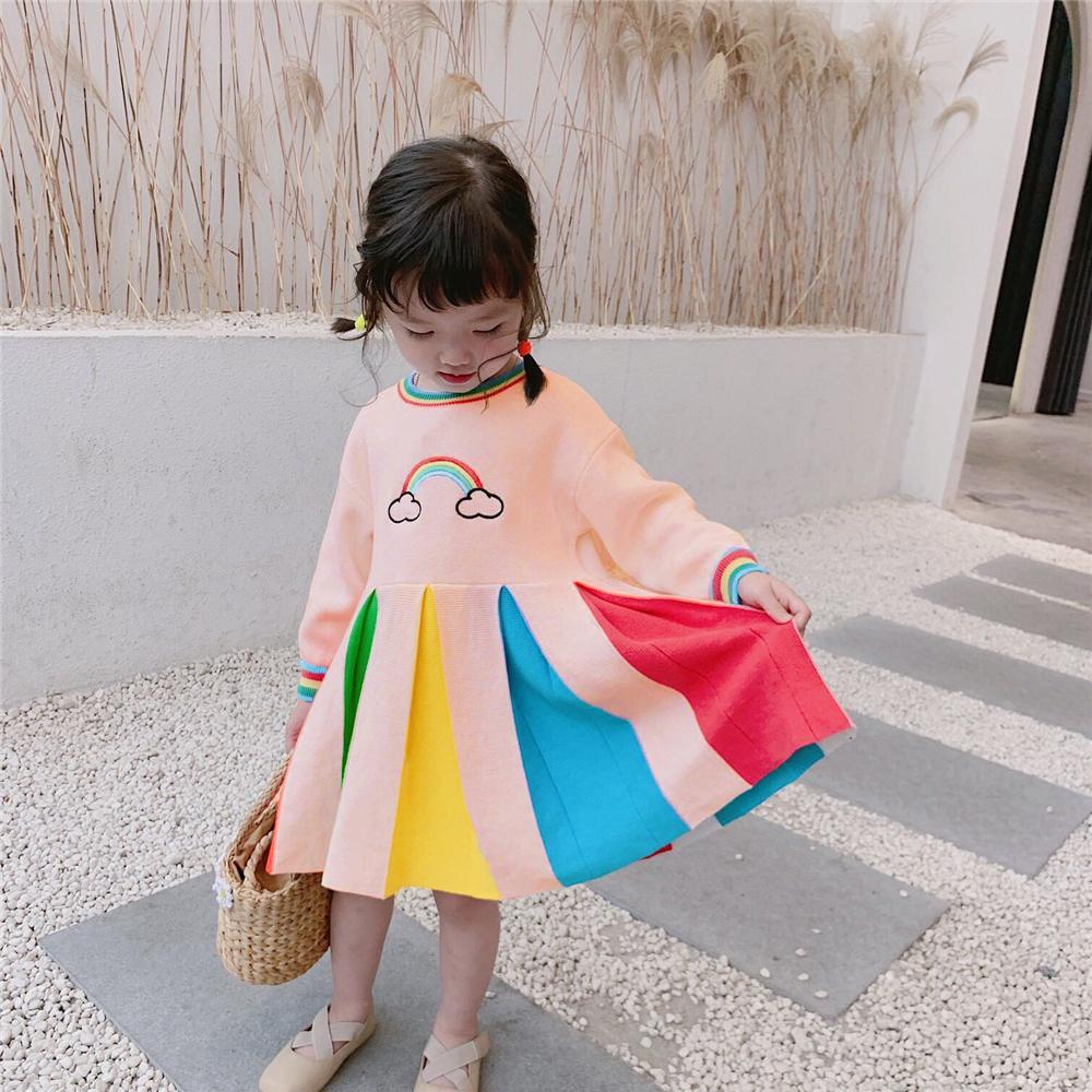 Girls Long Sleeve Rainbow Color Block Princess Dress Wholesale Little Girl Dresses - PrettyKid