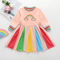 Girls Long Sleeve Rainbow Color Block Princess Dress Wholesale Little Girl Dresses - PrettyKid