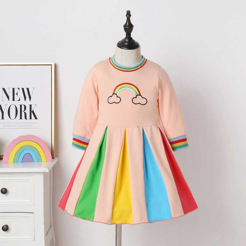 Girls Long Sleeve Rainbow Color Block Princess Dress Wholesale Little Girl Dresses - PrettyKid