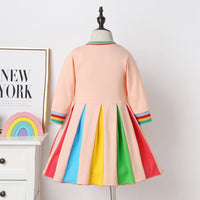 Girls Long Sleeve Rainbow Color Block Princess Dress Wholesale Little Girl Dresses - PrettyKid
