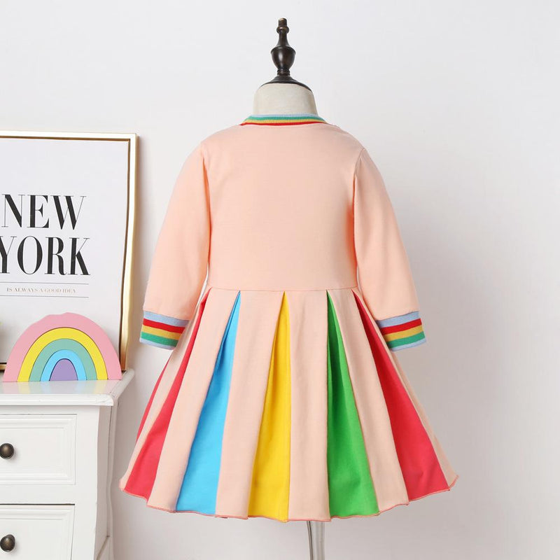 Girls Long Sleeve Rainbow Color Block Princess Dress Wholesale Little Girl Dresses - PrettyKid