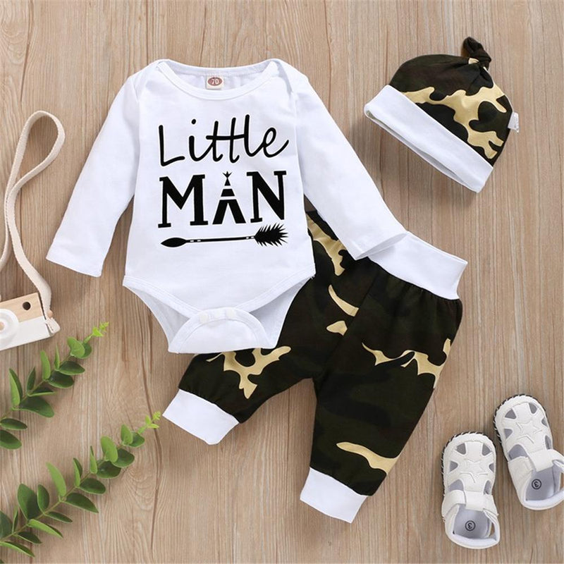 Little Man Long Sleeve Romper & Camo Pants & Hat Cheap Baby Clothes In Bulk - PrettyKid