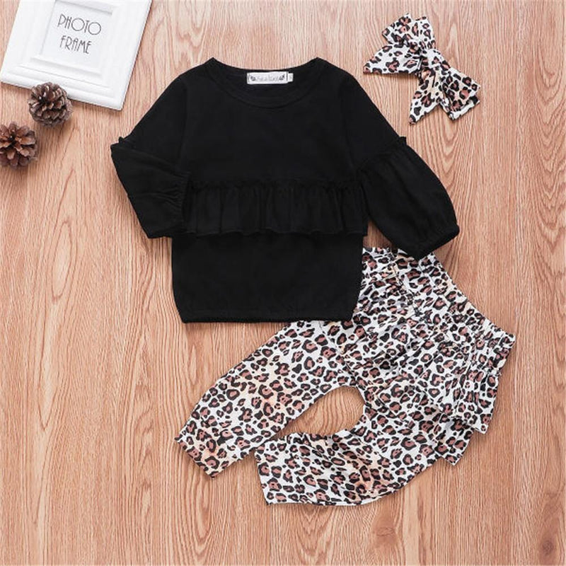 Girls Long Sleeve Ruffle Solid Top & Leopard Pants & Headband - PrettyKid